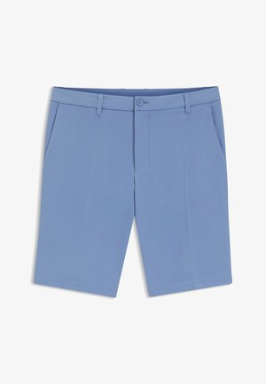 Shorts azzurri chiaro su misura con passanti per cintura, tasche laterali, chiusura con bottone e design frontale piatto su sfondo bianco.