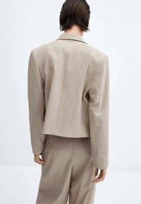 Blazer à rayures fines beige avec une coupe courte, des épaules structurées et une texture lisse. Comprend deux poches arrière et un col à revers cranté.