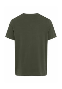 Oliven grøn bomulds T-shirt med korte ærmer, rund halsudskæring og et enkelt design. Glat tekstur, afslappet pasform og ingen synlig branding.