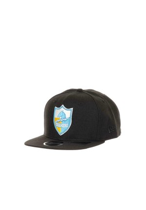 Black cap with a structured design and a flat brim. Features an embroidered shield logo in blue, white, and yellow with "Chargers."