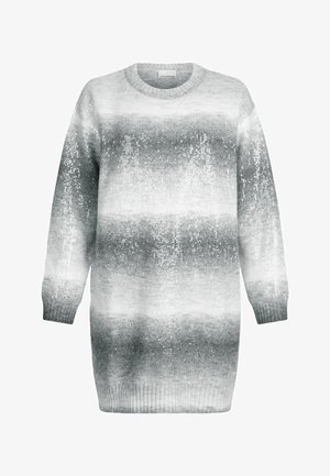 Megzto suknelė gradientinio pilkumo atspalviais, su blizgučiais akcentais, ilgomis rankovėmis, apvaliu iškirpimu ir laisvu siluetu.