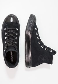 Černé vysoké semišové tenisky Converse se černými gumovými špičkami a podrážkami, kovovými očky a tkaničkami na bílém pozadí.