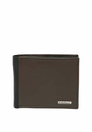 Brun og sort læder bifold pung med en lille metal "bruno banani" logo i nederste højre hjørne.