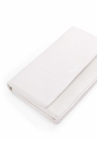 White leather wallet with a textured surface, featuring a fold-over design, single silver logo, and stitching along the edges.