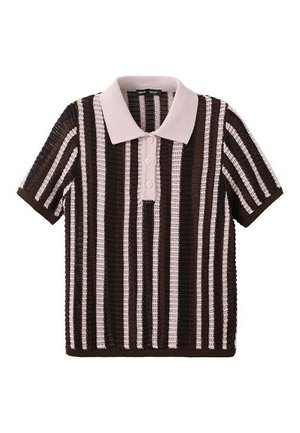 Polo tričko s krátkym rukávom z pleteniny, s hnedými a svetloružovými zvislými pruhmi a tromi gombíkmi vpredu.