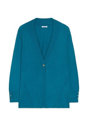 Cardigan long en teal avec un décolleté en V profond, une fermeture centrale par un bouton et trois boutons décoratifs sur chaque poignet.