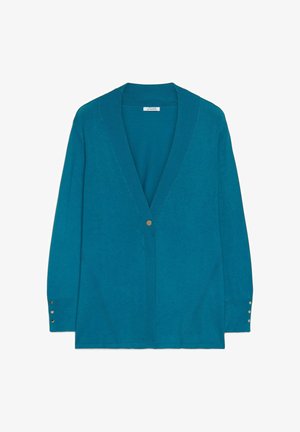 Türkisfarbener Langarm-Strickcardigan mit tiefem V-Ausschnitt, einer zentralen Knopfschluss und drei dekorativen Knöpfen an jedem Ärmel.