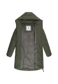 Olivovo zelená, zateplená parka s vypchávaným povrchom, kapucňou a hladkým šedým podšívkovým materiálom. Obsahuje zips po celej dĺžke a žiadne viditeľné kovanie.