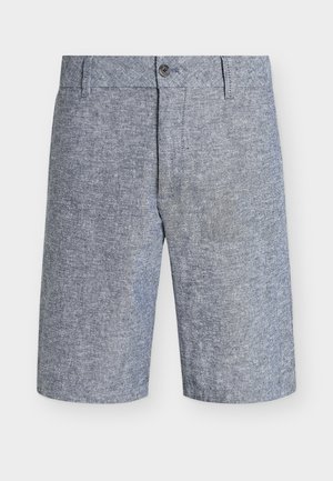 Pantaloni scurți pentru bărbați, de lungime până la genunchi, din țesătură texturată gri deschis, cu nasture și bucle pentru centură cu glugă, fermoar frontal.