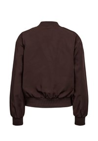 Veste bomber marron foncé avec col, poignets et taille côtelés, vue de dos avec manches longues et texture de tissu lisse.