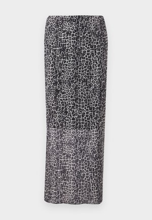 Gonna maxi a stampa leopardata in nero e grigio, con un silhouette dritta e un tessuto leggero dalla texture traslucida.
