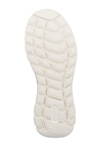 Semelle de chaussure en caoutchouc blanc avec un motif texturé composé de formes hexagonales et rectangulaires pour une meilleure adhérence. Comprend le nom de la marque "Rieker."