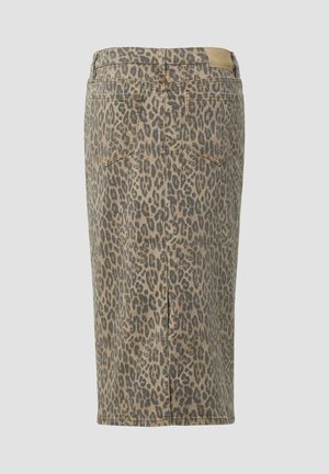 Denimrock im Leopardenmuster mit gerader Silhouette, einem Saum, der bis zur Mitte der Waden reicht, und zwei aufgesetzten Taschen auf der Rückseite. Verfügt über eine natürliche Farbpalette in Beige und Braun.