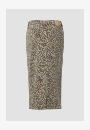 Denimrock im Leopardenmuster mit gerader Silhouette, einem Saum, der bis zur Mitte der Waden reicht, und zwei aufgesetzten Taschen auf der Rückseite. Verfügt über eine natürliche Farbpalette in Beige und Braun.