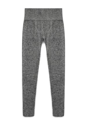 Leggings grigi con finitura a maglia strutturata, cintura larga e design aderente, adatti per abbigliamento sportivo o uso casual.