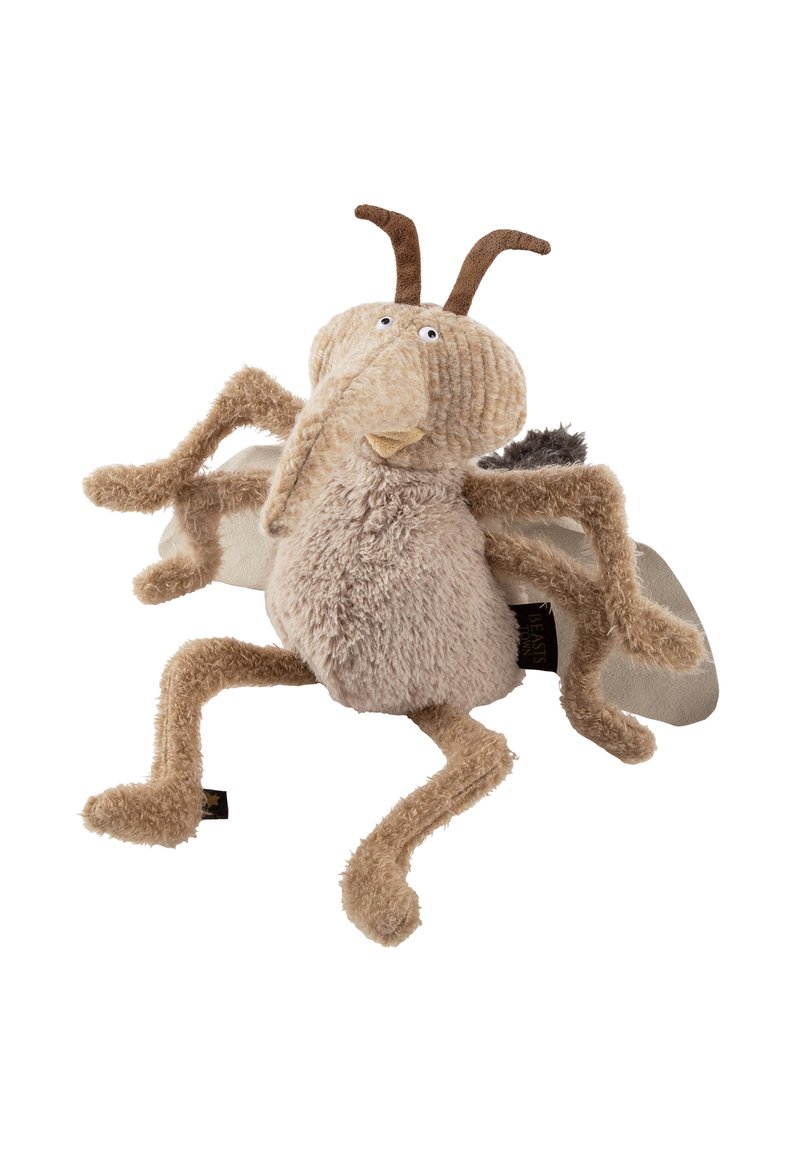Stuffed insect toy with a tan and cream plush texture, large eyes, and soft antennae. It features floppy limbs and stitched details.