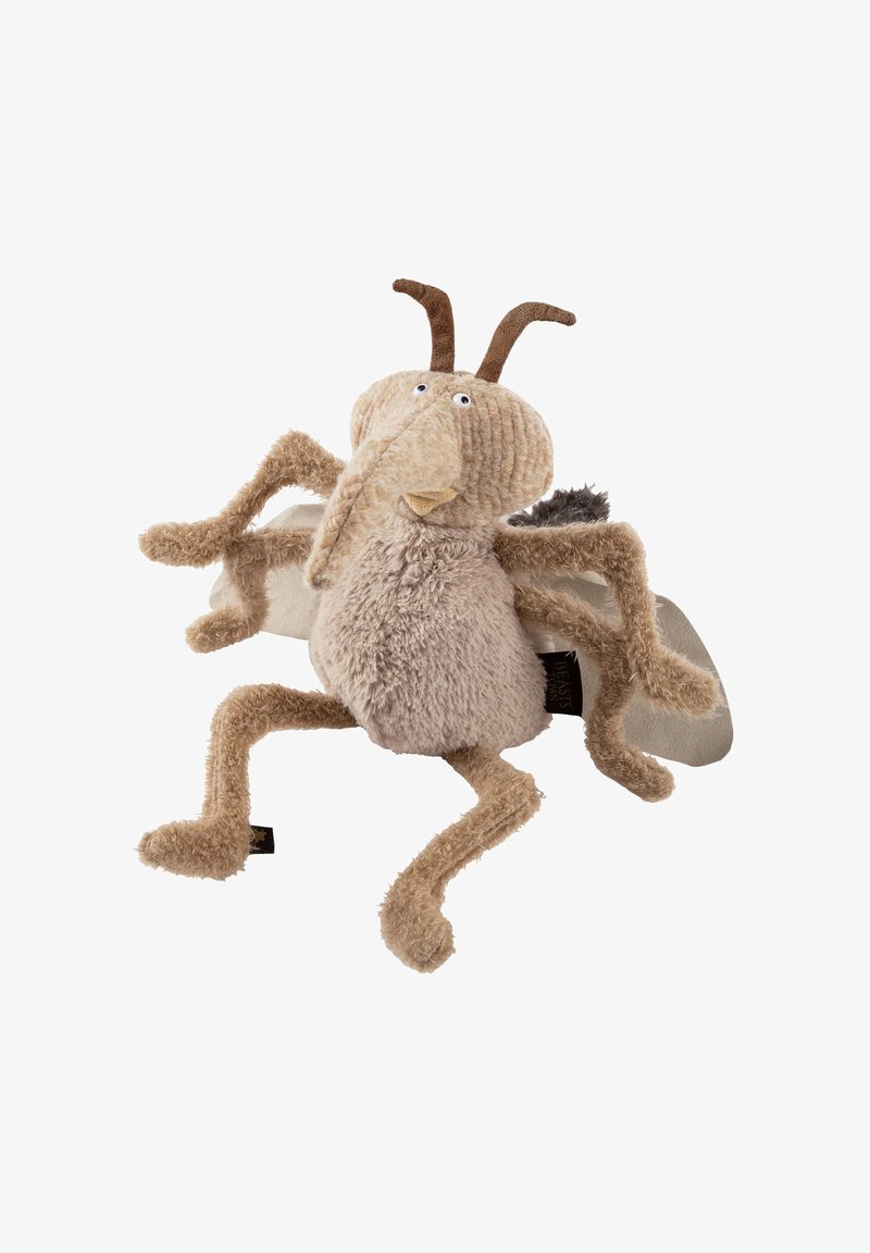 Stuffed insect toy with a tan and cream plush texture, large eyes, and soft antennae. It features floppy limbs and stitched details.