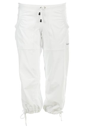White athletic pants made of lightweight material with an elastic waistband, drawstring closure, and gathered cuffs. Features side pockets.