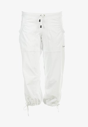 White athletic pants made of lightweight material with an elastic waistband, drawstring closure, and gathered cuffs. Features side pockets.