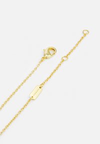 Collier chaîne doré avec fermoir mousqueton et étiquette rectangulaire gravée du nom de la marque, présenté sur fond blanc.