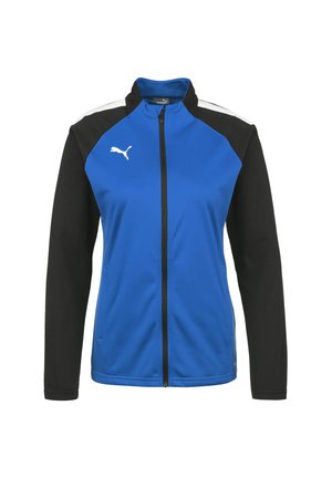 Giacca con zip blu e nera con colletto alto, realizzata in tessuto liscio, con un logo bianco e pannelli a contrasto sulle maniche.