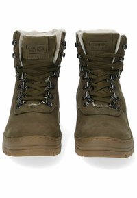 Grüne Lederstiefeletten mit Kunstfellfutter, Metallhaken und runden Schnürsenkeln. Verfügt über eine strukturierte Sohle und einen gepolsterten Schaft für zusätzlichen Komfort.
