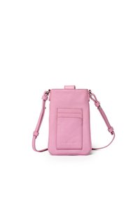 Sac bandoulière en cuir rose avec un design rectangulaire simple, doté d'une poche extérieure et d'une bandoulière réglable. Texture lisse.