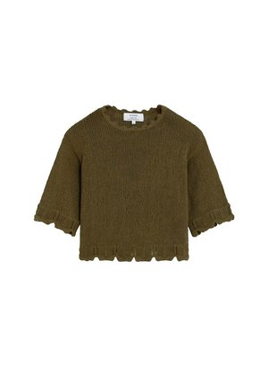 Jersey marrón de punto con mangas cortas y bordes ondulados en las mangas, el dobladillo y el escote.