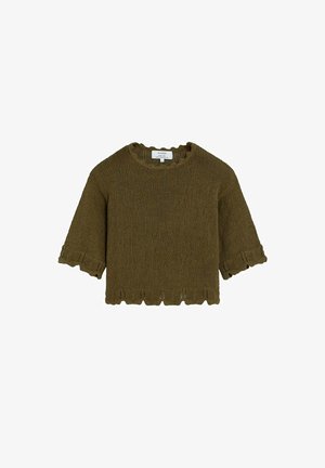 Brown knitted short-sleeve sweater with scalloped edges on sleeves, hem, and neckline.