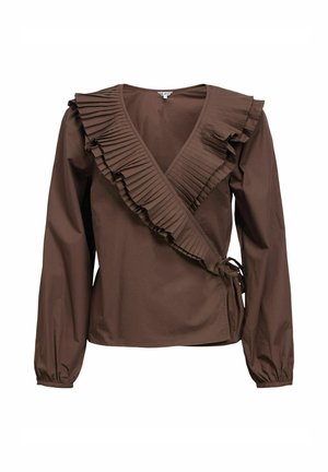 Brun langermet omslagsbluse med plissert volangkant langs utringningen og foran, knyttet i midjen, med rynkede mansjetter.