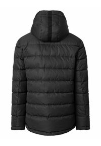 Sort dunjakke med hætte, med quiltede sektioner for isolering og en glat, mat tekstur. Enkel design, uden synligt hardware.