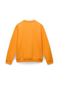 Orange sweatshirt med rund hals, lange �ærmer og ribbede manchetter og kant. Glat tekstur, ingen mønstre eller detaljer synlige.