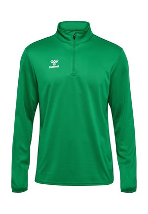 Groene sportieve kwart-rits pullover, gemaakt van gladde stof, met lange mouwen en het Hummel-logo op de borst. Eenvoudig en functioneel ontwerp.