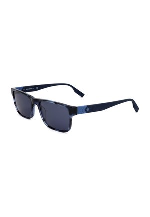 Occhiali da sole rettangolari scuri con montatura nera e blu marmorizzata e aste blu navy con logo a stella sulla parte laterale.