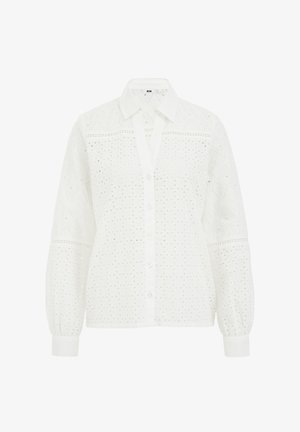 White shirt with a button-up front, long puff sleeves, and embroidered eyelet pattern covering the fabric, featuring a classic collar.