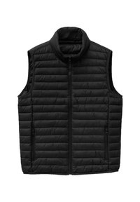 Svart quiltad ärmlös puffer-väst med dragkedja fram och sidofickor med dragkedja, med en ståkrage.
