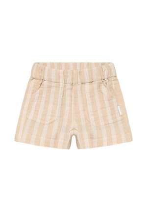 Beige katoenen shorts met verticale witte strepen, voorzien van een elastische tailleband en twee zijzakken. Lichtgewicht, casual ontwerp.