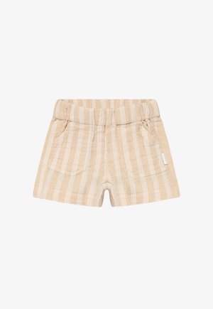 Beige Baumwollshorts mit vertikalen weißen Streifen, ausgestattet mit einem elastischen Bund und zwei Seitentaschen. Leichtes, lässiges Design.