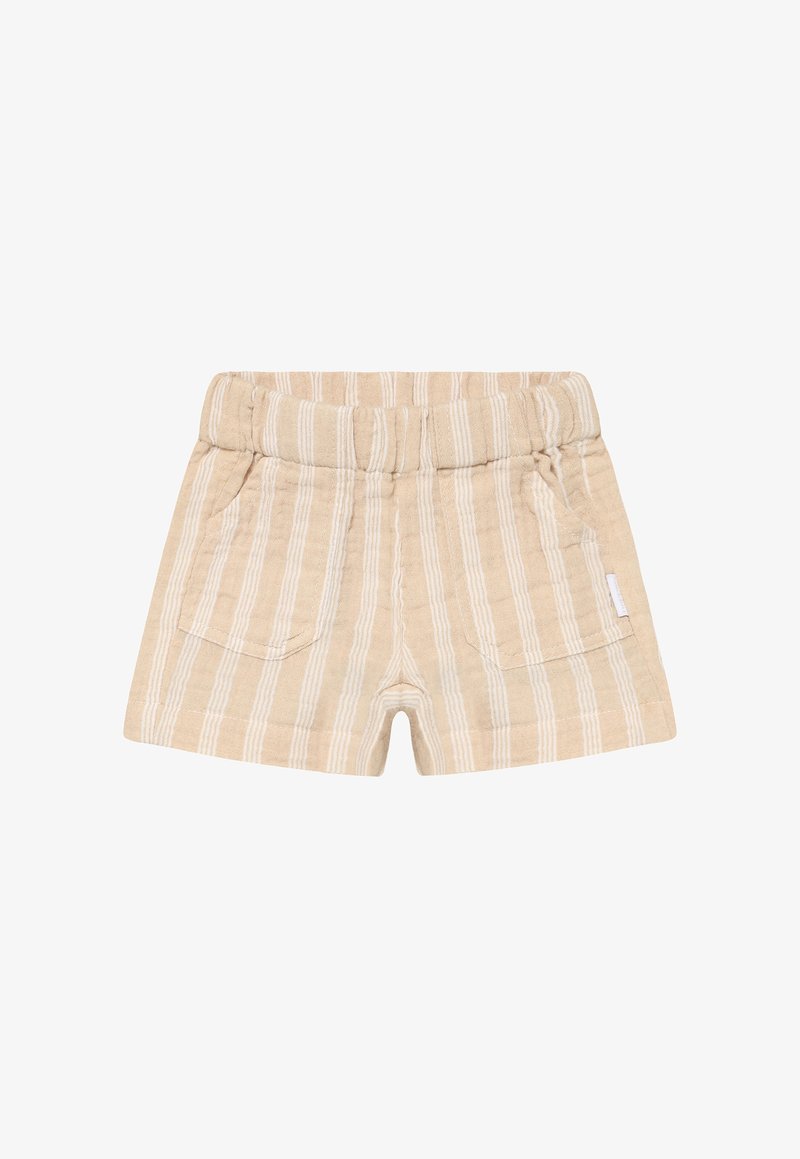 Shorts en coton beige avec des rayures blanches verticales, dotés d'une taille élastique et de deux poches latérales. Conception légère et décontractée.