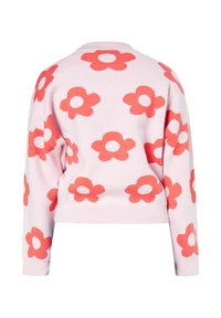 Maglione rosa con un motivo testurizzato di grandi fiori corallo. Maniche a costine e orlo a costine. Collo rotondo, vestibilità comoda.