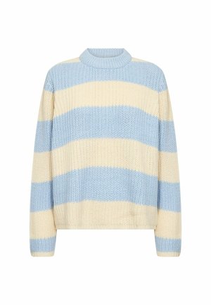 Dryžuotas megztinis šviesiai mėlynos ir kreminės spalvos, megztas tekstūros, su apvalia iškirpte, laisvo silueto, plačiomis horizontaliosiomis juostomis. Trumpas ilgis.
