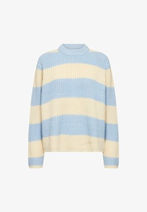 Dryžuotas megztinis šviesiai mėlynos ir kreminės spalvos, megztas tekstūros, su apvalia iškirpte, laisvo silueto, plačiomis horizontaliosiomis juostomis. Trumpas ilgis.
