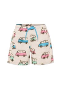 Shorts de bain en tissu léger, avec un fond crème et des voitures de dessin animé colorées en rose, bleu et vert. Comprend un cordon de serrage bleu.