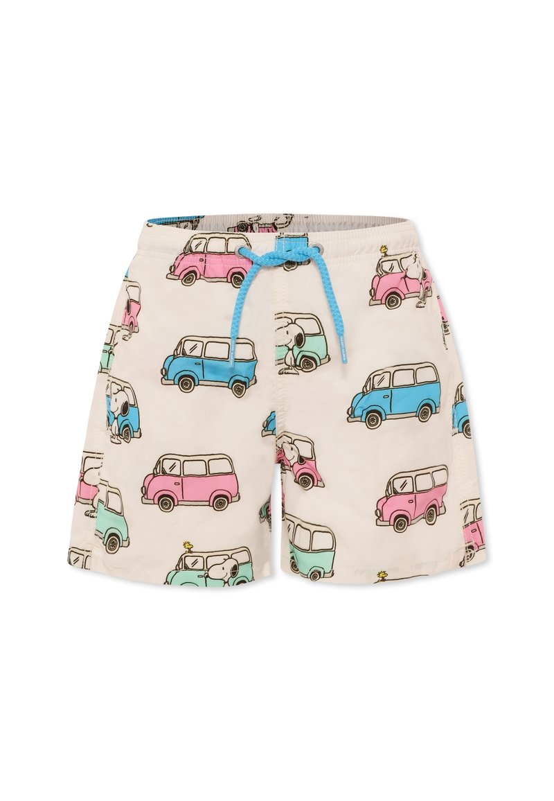 Shorts de bain en tissu léger, avec un fond crème et des voitures de dessin animé colorées en rose, bleu et vert. Comprend un cordon de serrage bleu.