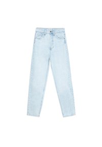 Jeans de mezclilla azul claro con cintura alta, diseño de pierna recta y un desvanecimiento sutil. Cuenta con dos bolsillos frontales y cierre de botón.