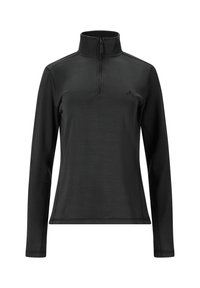 Zwarte pullover met lange mouwen, een kwart rits en hoge kraag. Bevat een gestructureerde stof en een klein logo aan de linkerkant.
