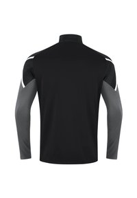 Maglietta atletica a maniche lunghe con corpo nero, maniche grigie e una pattina posteriore con motivo e colletto alto. Tessuto liscio, design sportivo.