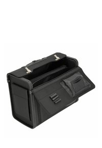 Bolsa negra rectangular hecha de tela texturizada, con cierre de cremallera, compartimentos interiores y bolsillos exteriores para organización.
