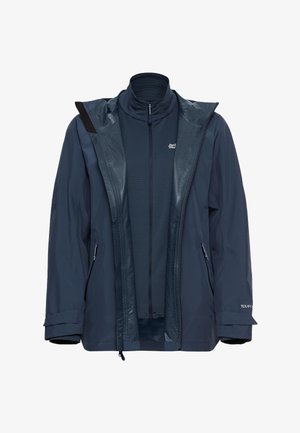 Dunkelblaue, mehrlagige Herrenjacke mit durchgehendem Reißverschluss, zwei Reißverschlusstaschen, verstellbaren Bündchen und hohem Kragen aus wasserdichtem TEXAPORE-Stoff.