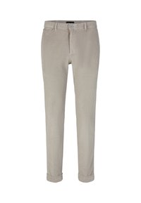 Pantalon en velours côtelé beige à coupe droite, avec fermeture à boutons, poches latérales et revers retroussés pour plus de détails.